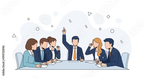 Business meeting with man raising hand in agreement, team collaboration and discussion