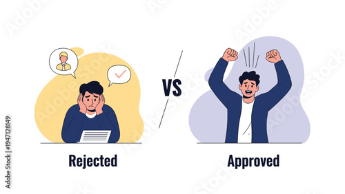 Comparison between a rejected candidate and a successful approved job applicant expressing joy and achievement.
