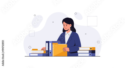 Businesswoman organizing files and folders in office, administrative work concept