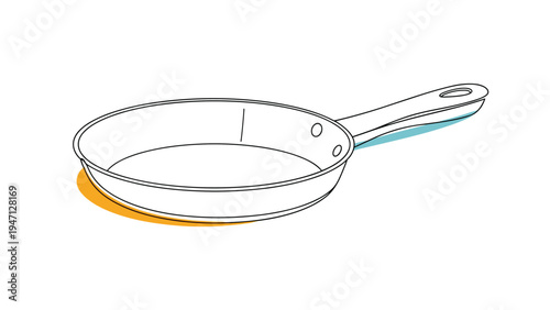 Metal frying pan with two small dots on the side and a yellow shadow representing cooking and kitchen activities.