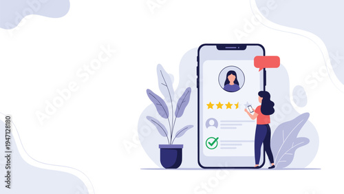 Young woman using a smartphone to give a five-star rating to a user profile on a mobile application with stars and chat bubbles.