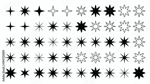 A collection of diverse black and white starburst shapes are arranged in a grid pattern showcasing variations in point count and style high quality professional detailed
