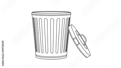 Traditional metal trash can with a separate lid leaning against it representing waste management and cleanliness.