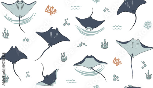 Stingray Seamless Pattern Vector Illustration with Ocean Rays, Coral, Seaweed, Bubbles and Underwater Marine Life Background