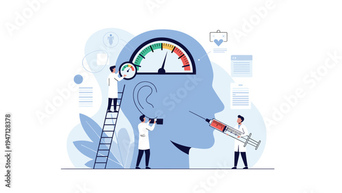 Medical researchers performing an assessment on a giant human head silhouette with a performance gauge and healthcare equipment.