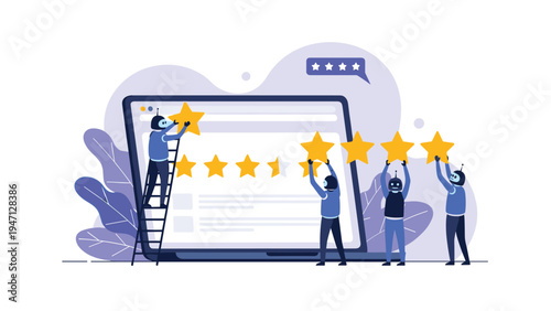 Group of tiny blue robot workers adding large golden stars to a website rating interface on a laptop screen for customer reviews.