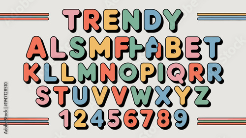 A vibrant retro styled typographic design showcases the full alphabet and numbers presented in a colorful playful and 70s inspired aesthetic high quality professional detailed modern