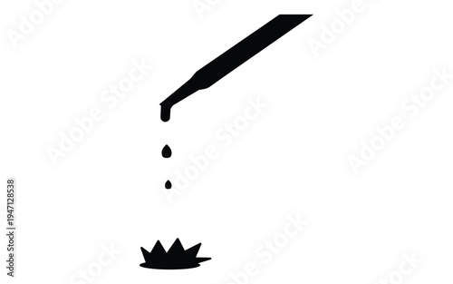Black silhouette of medical dropper with falling liquid droplets on white backdrop