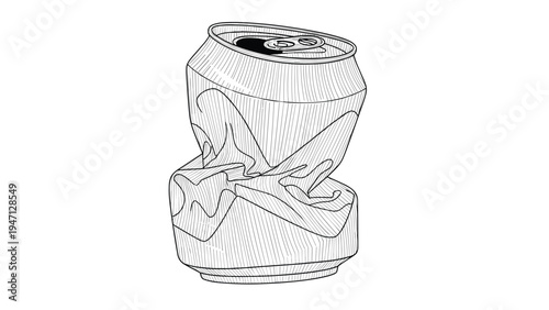 Crushed aluminum soda can shown in a detailed black and white line drawing representing recycling and waste.