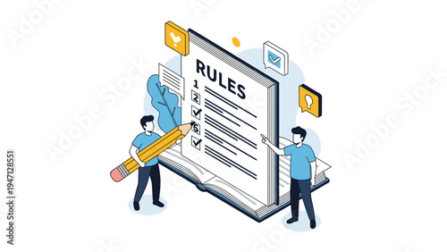 Two young men using a large pencil to check off items in a giant book of rules to ensure compliance and order in a business setup.