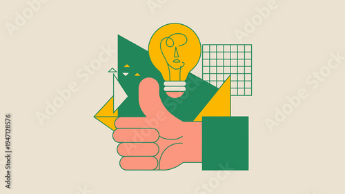 A colorful illustration displays a hand giving a thumbs up alongside a lightbulb geometric shapes and a grid background high quality professional detailed modern elegant stylish