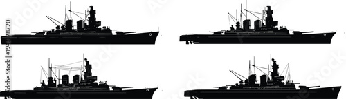 Set of battleship silhouettes, vintage naval warship icons, military vessel collection isolated on white background, destroyer and cruiser silhouette for design