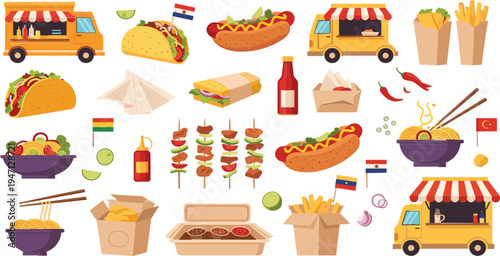 Street food collection with tacos hot dogs noodles fries skewers and food trucks cartoon vector illustration set