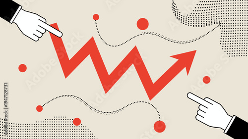 An illustrative image depicts a red line graph with fluctuating data points highlighted by two hands pointing towards it high quality professional detailed modern elegant stylish