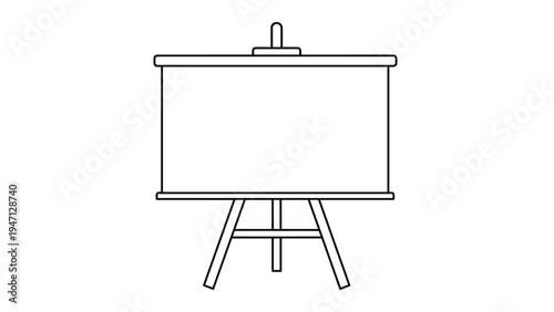Simple black and white line art illustration representing a presentation flip chart or whiteboard on a tripod stand for business meetings.