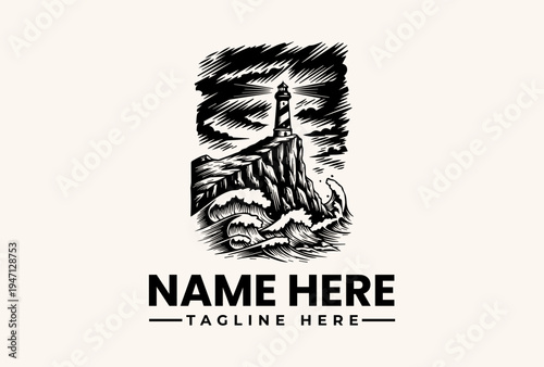 Black and white illustration of a lighthouse on a rocky coastline with a stormy sky and a placeholder text for a logo or brand name in a dramatic, monochromatic style against a light beige