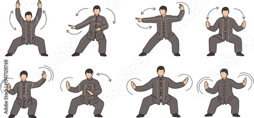 Tai Chi martial arts movement sequence with male practitioner demonstrating traditional Chinese slow motion exercise poses for balance and meditation