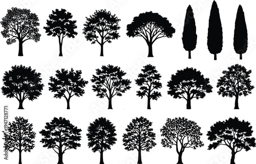 Black tree silhouettes set featuring oak cypress and deciduous varieties for landscape architecture garden design park planning and outdoor environment projects