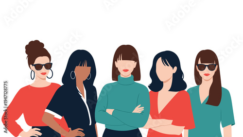 Diverse group of five stylish and empowered women standing together in a row representing international unity and female strength.