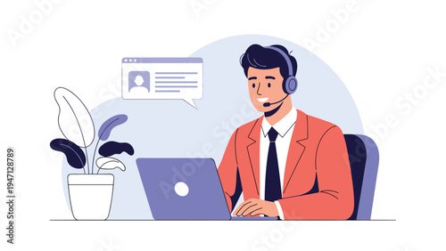 Friendly male customer support agent wearing a headset and working on his laptop in a modern office environment with a plant.