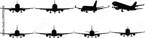 Black airplane silhouettes set featuring commercial passenger jets in various flight positions for travel tourism logistics and aviation industry design elements
