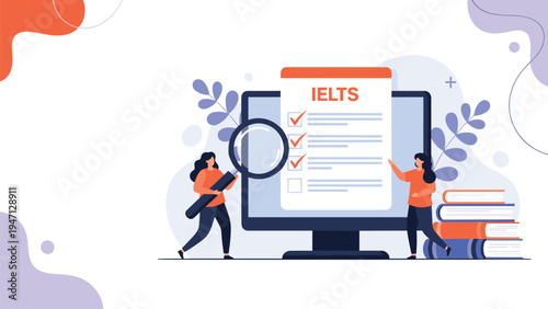 Two women using a magnifying glass to check an IELTS test report on a computer screen surrounded by books for academic preparation.