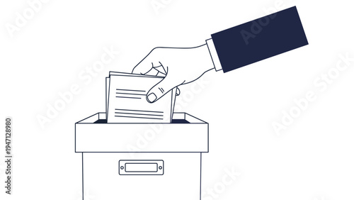 Businessman in a dark suit placing a ballot paper into a white voting box to represent democracy and the election process in a formal setting.