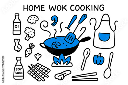 Wok Cooking Essentials. // Home wok cooking. Hand-drawn doodle illustration Home wok cooking [gas stove flame (accented), wok (accented), shrimp, spatula