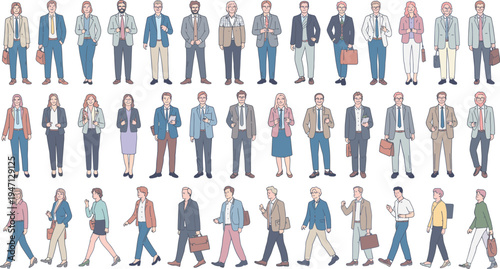 Large collection of diverse business professional vector characters in smart casual office attire carrying briefcases for corporate lifestyle and workplace career design projects.