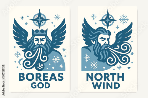 Boreas Wind Power. North Wind Deity. Two vertical A6 banners with safe margins, centered composition, no elements touching edges, flat vector design, arctic