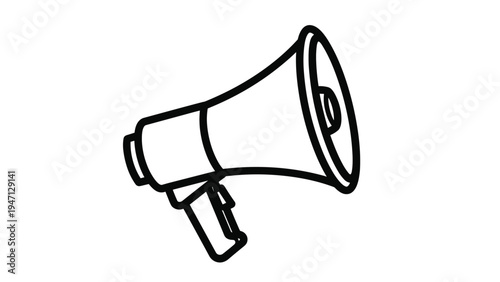 Clean black and white outline illustration of a megaphone or bullhorn used for public speaking and amplifying voices during protest or event.