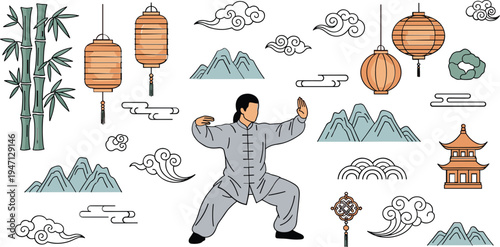 Traditional Chinese Culture Tai Chi Martial Arts Character with Asian Lanterns Bamboo Mountains Clouds and Pagoda Decorative Vector Illustration Set