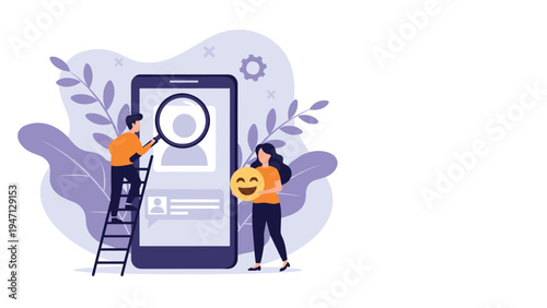 Creative team using a magnifying glass and emoji icons to analyze a user profile on a giant mobile phone screen for marketing.