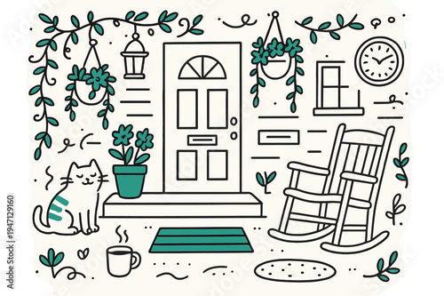 Cozy Front Porch. // Cozy front porch. Hand-drawn doodle illustration Cozy front porch [door (accented), steps, rocking chair (accented), hanging plants