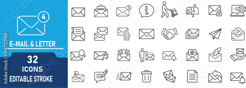 Email and Letter Line Icon Set.Contain to related icons  Mail Message, Inbox, Notification, Envelope and Communication Icons, Editable Stroke Vector