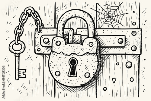 Rusty Padlock Doodle. Old Lock. Hand-drawn doodle illustration Old Lock rusty padlock, key, chain, wooden door, metal latch, cobweb, scratches, corrosion,