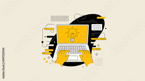 A flat design illustration depicts hands typing on a laptop with a glowing lightbulb illuminating the screen symbolizing a bright idea high quality professional detailed modern