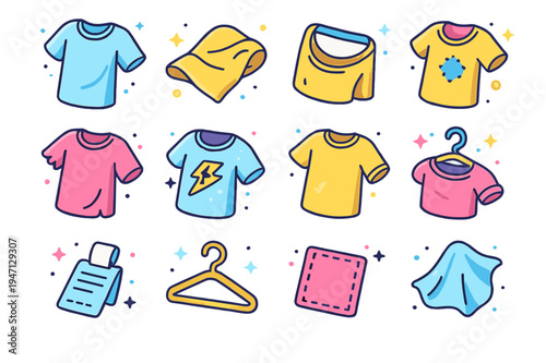 Colorful T-Shirt Icons. Worn T-shirt. Colorful isometric vector icons set of Worn T-shirt: faded cotton tee, wrinkled fabric fold, loose neckline, small hole