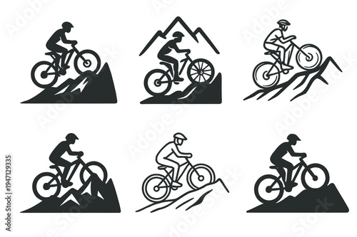 Mountain Biking Logos. Mountain biking. Set Logo of Mountain biking: cyclist climbing hill trail. harmonious logo variations of the same emblematic concept,