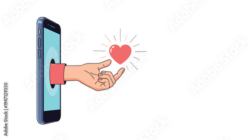 Illustration of a hand emerging from a smartphone screen to offer a glowing red heart symbol representing digital love and online dating.