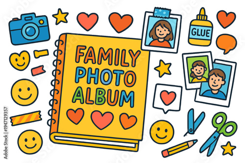 Colorful Family Memories. Family photo album. Colorful Hand-drawn doodle Children illustration Family photo album scrapbook, stickers, camera, hearts, Polaroid