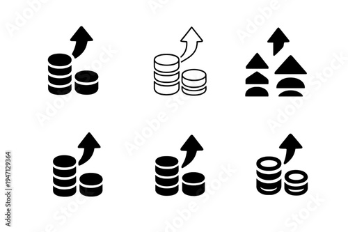 Inflation Deflation Icons. Inflation and deflation. Icon set. Set Logo of Inflation and deflation: coin stack rising and sinking. harmonious logo variations of