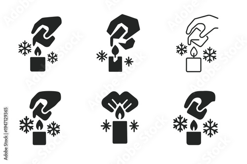 Winter Candle Logos. Winter-themed candle-making party. Icon set. Set Logo of winter candle-making: hand pouring wax into mold. harmonious logo variations of