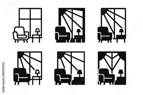 Natural Light Logos. Maximizing natural light in interior design. Icon set. Set Logo of maximizing natural light in interior design: large window illuminating