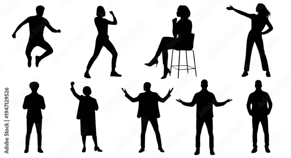 Fototapeta premium Set of 8 black human silhouettes vector