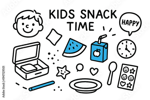 Kids Snack Time. // Kids snack time. Hand-drawn doodle illustration Kids snack time [kid face smiling (accented), lunchbox, watermelon sticks (accented), juice