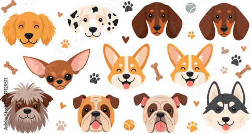 Cute dog faces collection with different breeds including corgi bulldog dachshund chihuahua dalmatian and husky adorable pet heads vector illustration set