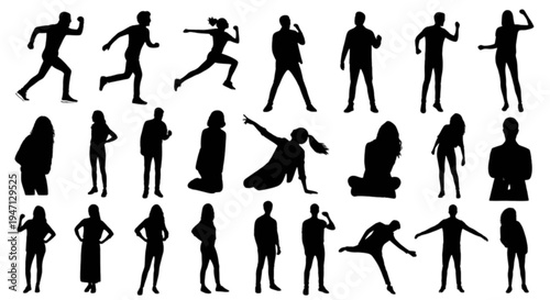 Set of 20 black human silhouettes vector