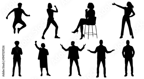 Set of 8 black human silhouettes vector