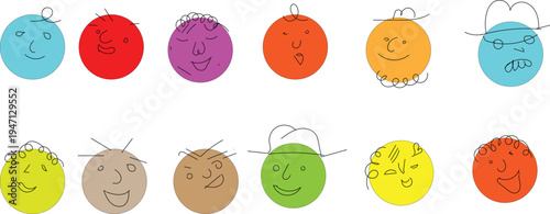 Round abstract comic Faces with various Emotions. Crayon drawing style. Different colorful characters. Cartoon style. Flat design. Hand drawn trendy Vector illustration.